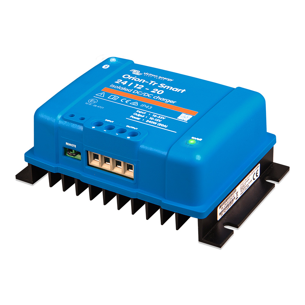 Blue Orion-Tr Smart DC-DC charger on white background.