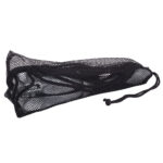Black mesh drawstring storage bag for baseball equipment.