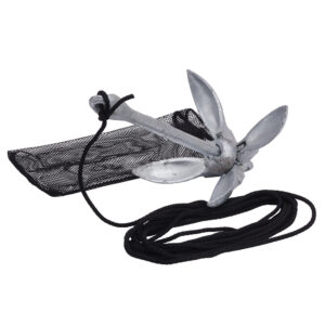 Folding metal anchor with rope and bag.