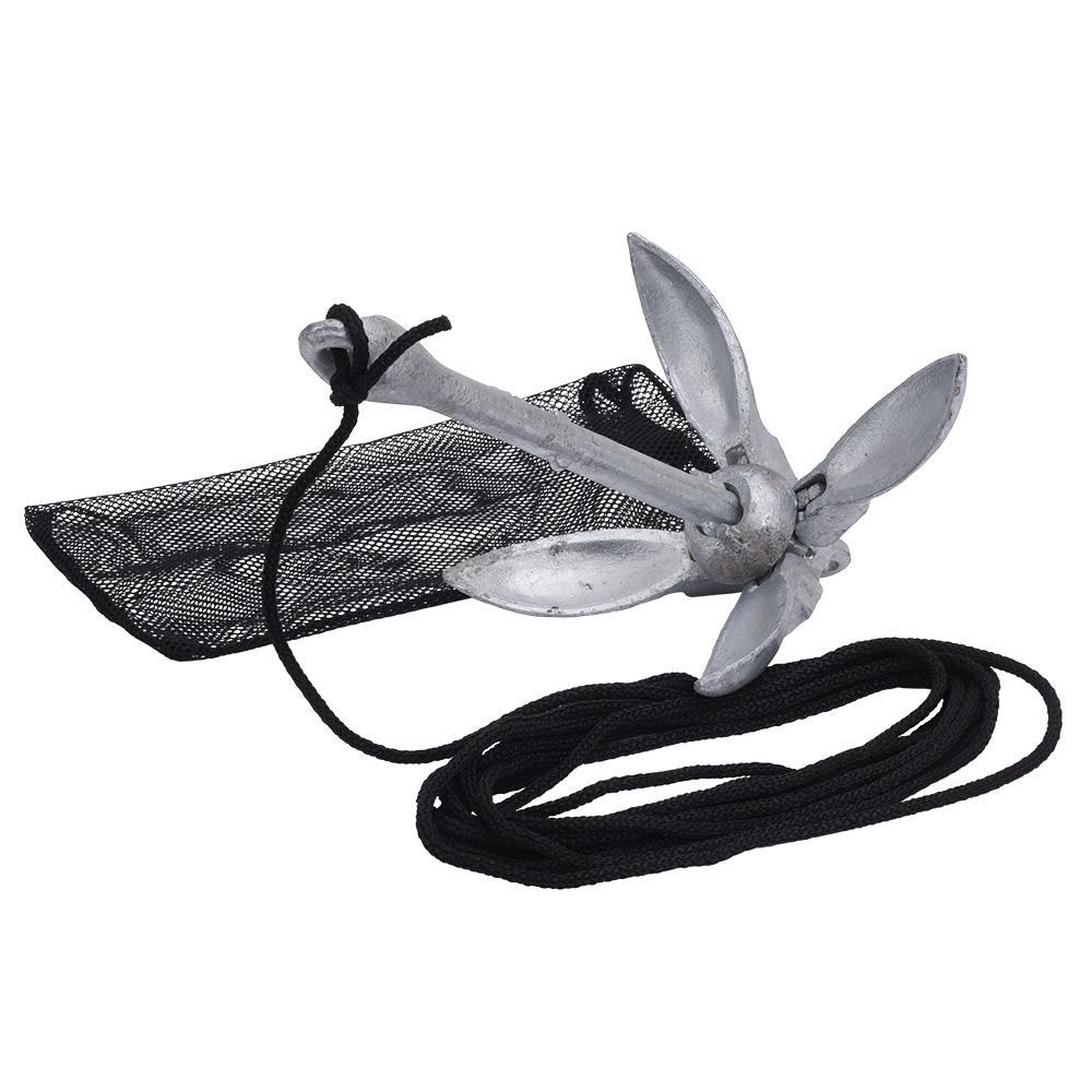 Folding metal anchor with rope and bag.