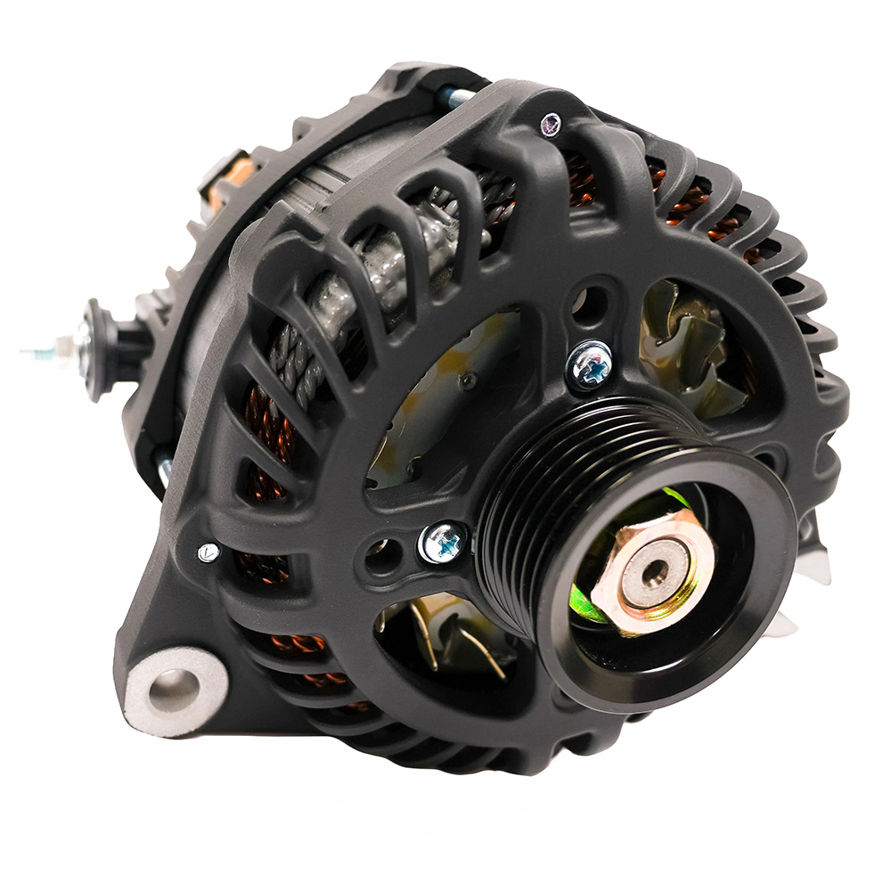 Close-up of a car alternator on white background.