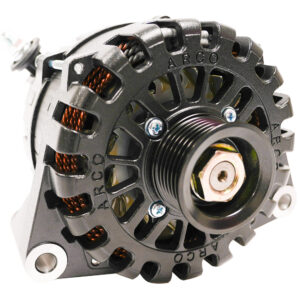 Black automobile alternator with copper winding.