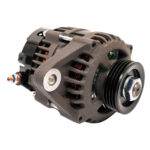 Automotive alternator front view with pulley.