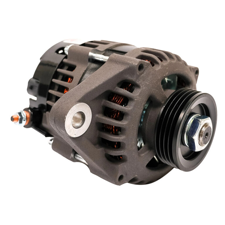 Automotive alternator front view with pulley.