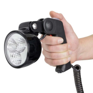 Hand holding a black handheld spotlight