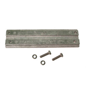 Metal mounting bracket with bolts and washers.
