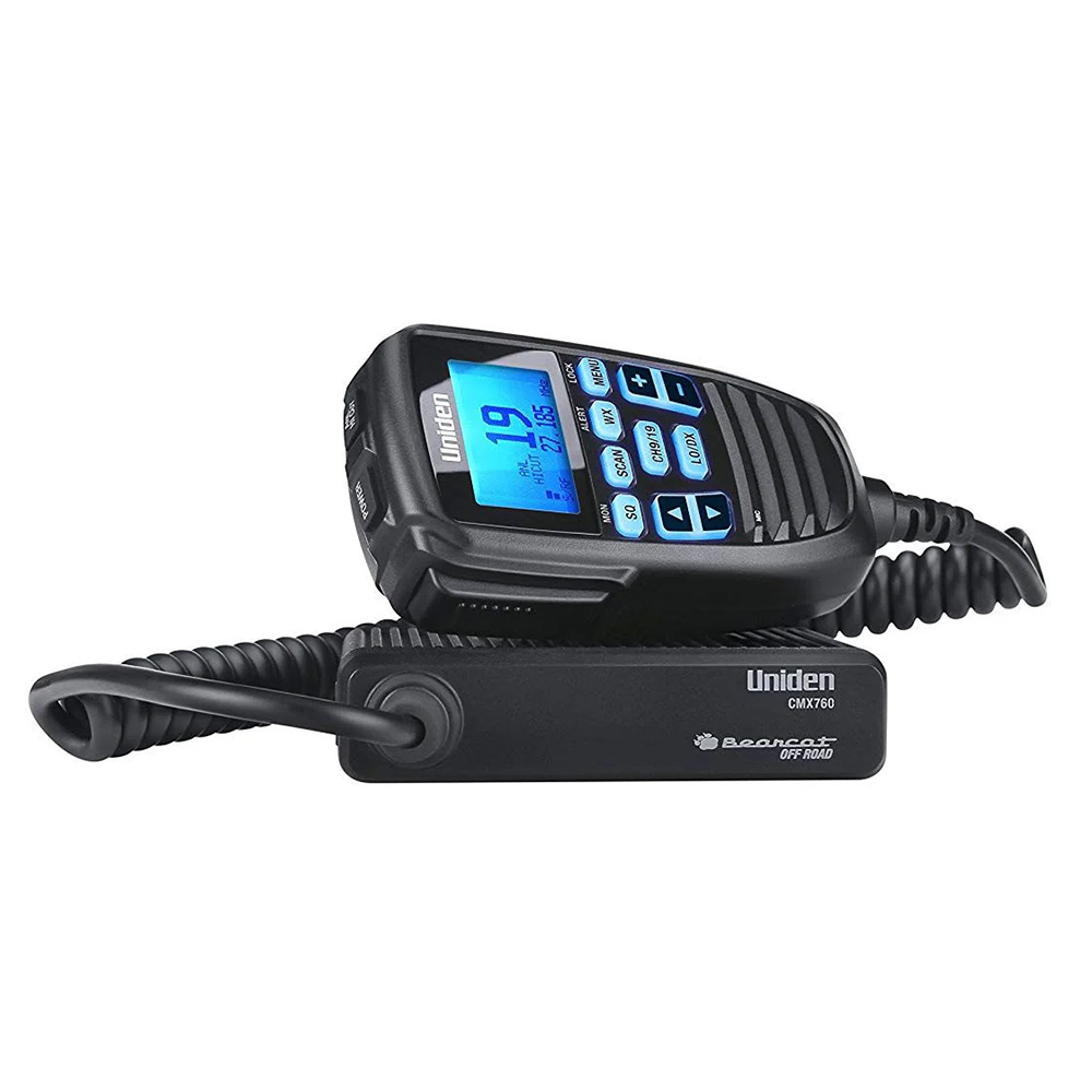Uniden two-way radio with coiled cord.