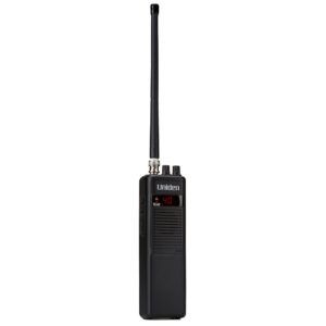 Handheld Uniden CB radio with antenna.