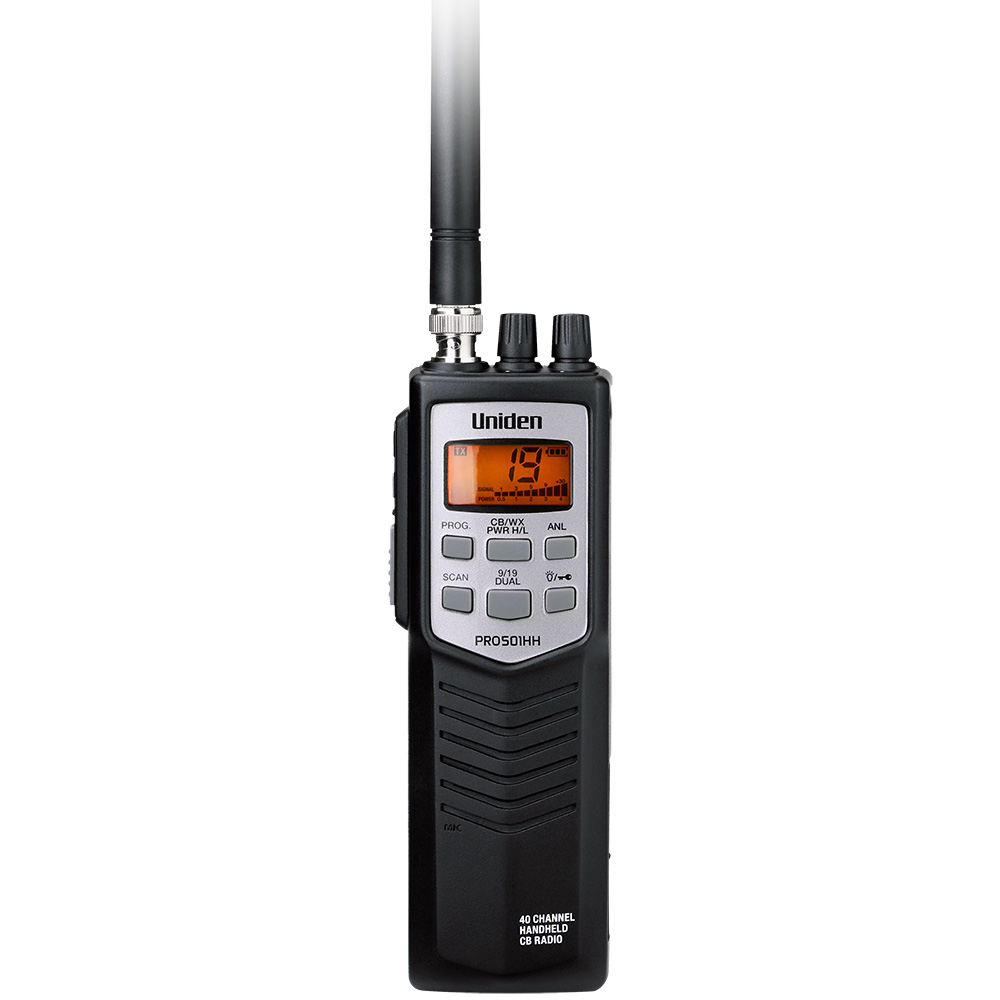 Uniden PRO501HH handheld CB radio with antenna.