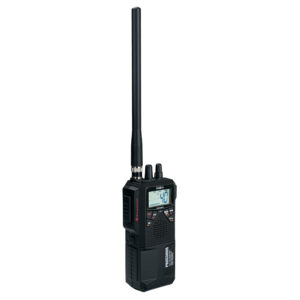 Handheld radio scanner with antenna and display screen.