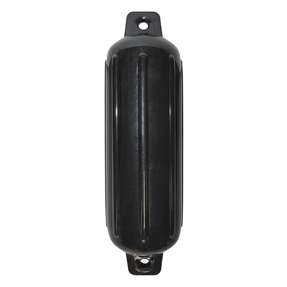 Black plastic boat fender with mounting holes.