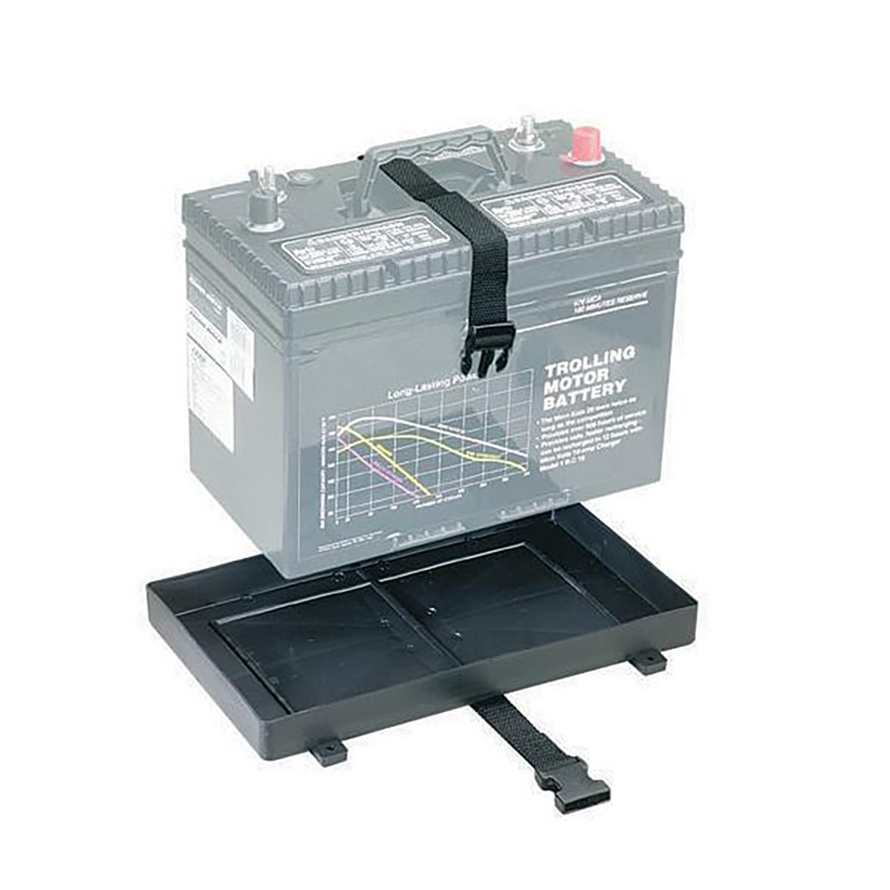 Trolling motor battery with mounting tray.