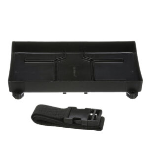 Black battery tray with safety strap