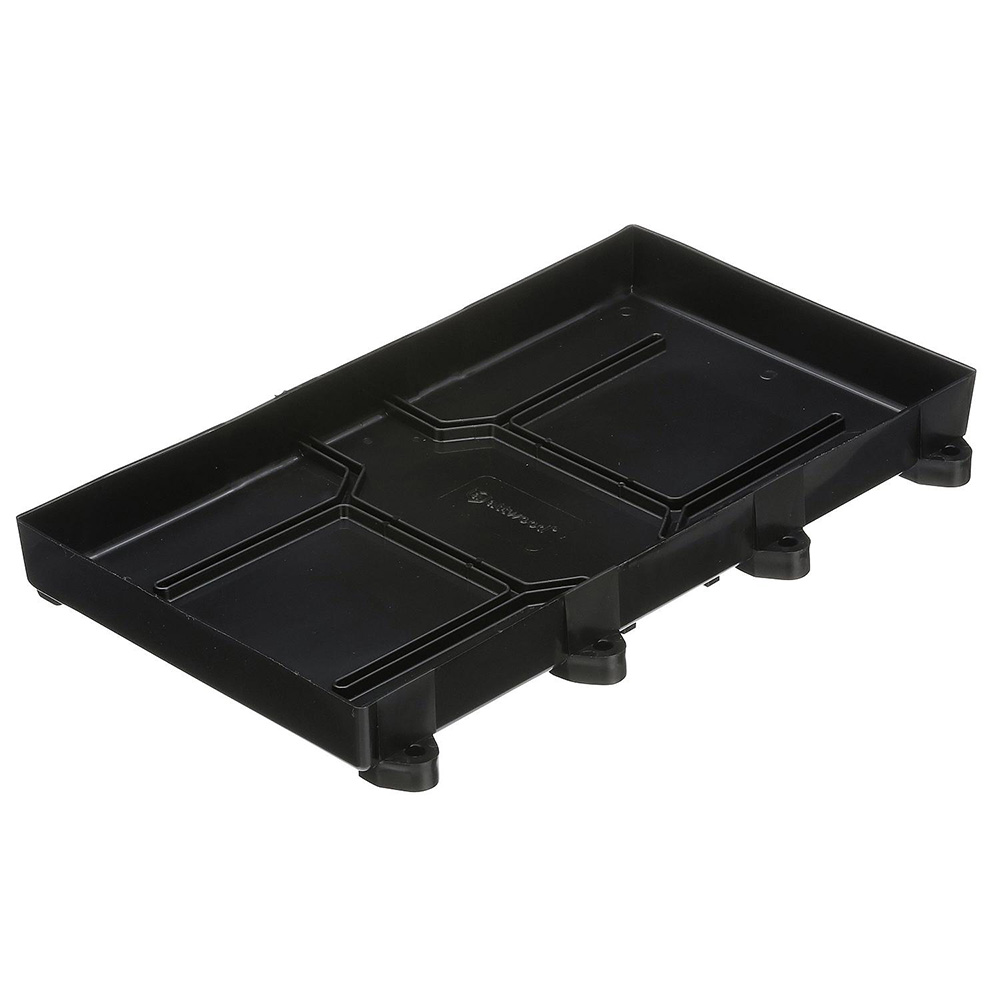 Black plastic pallet base for storage.
