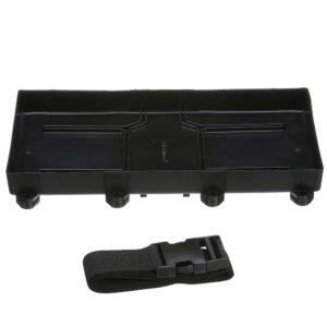 Black plastic battery box with strap.