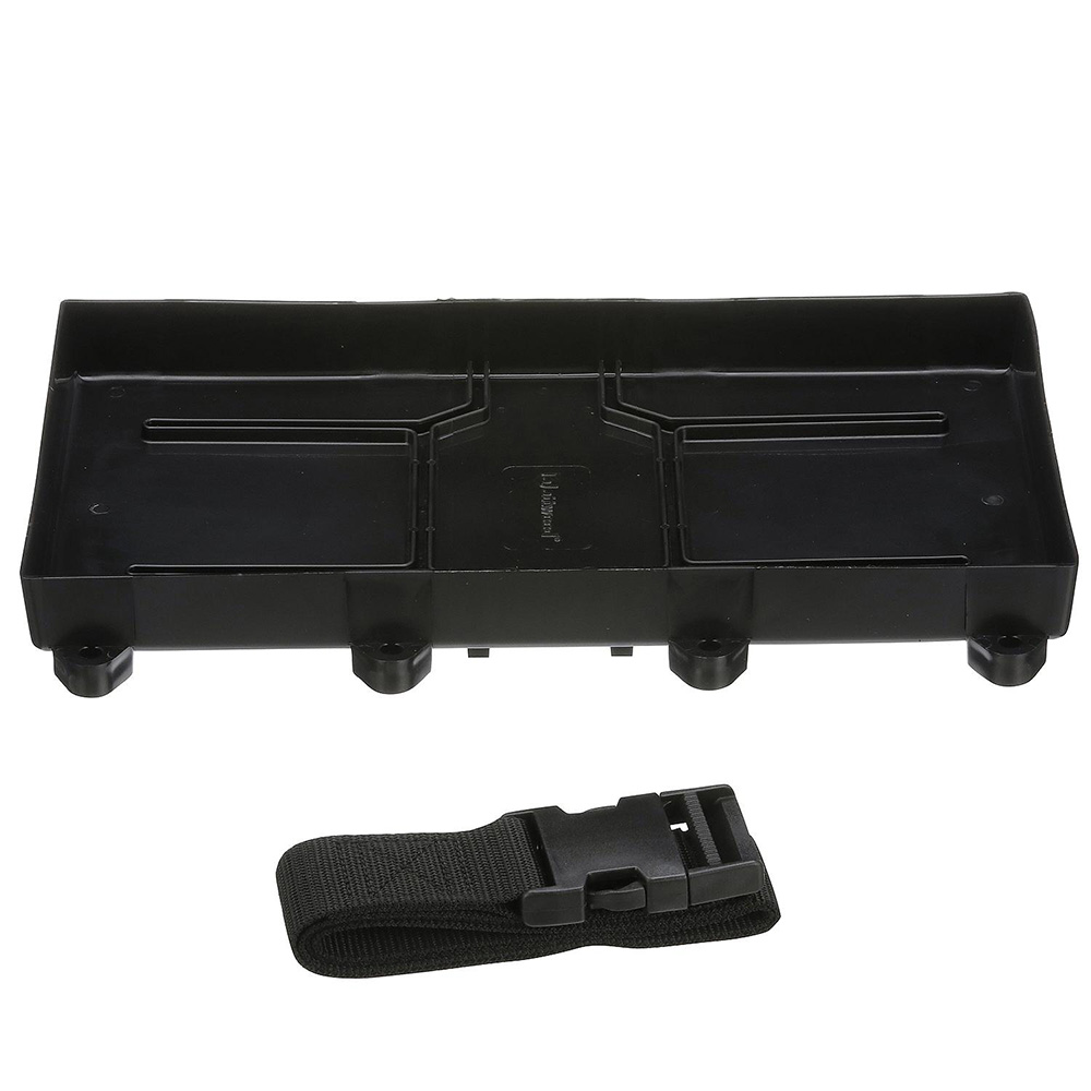 Black plastic battery box with strap.