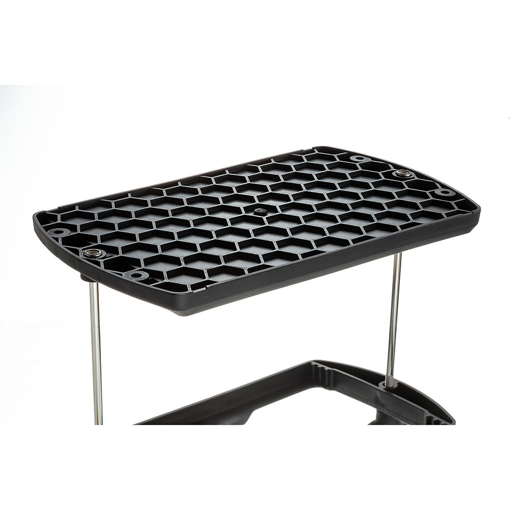 Black hexagonal mesh plastic shelf with metal supports.