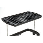Plastic shelf with honeycomb design and metal supports.