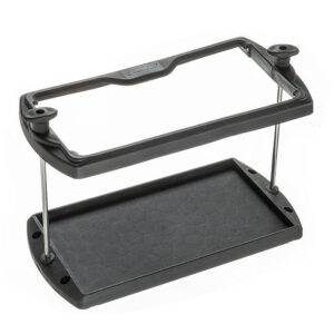 Black two-tier plastic stand for mounting.