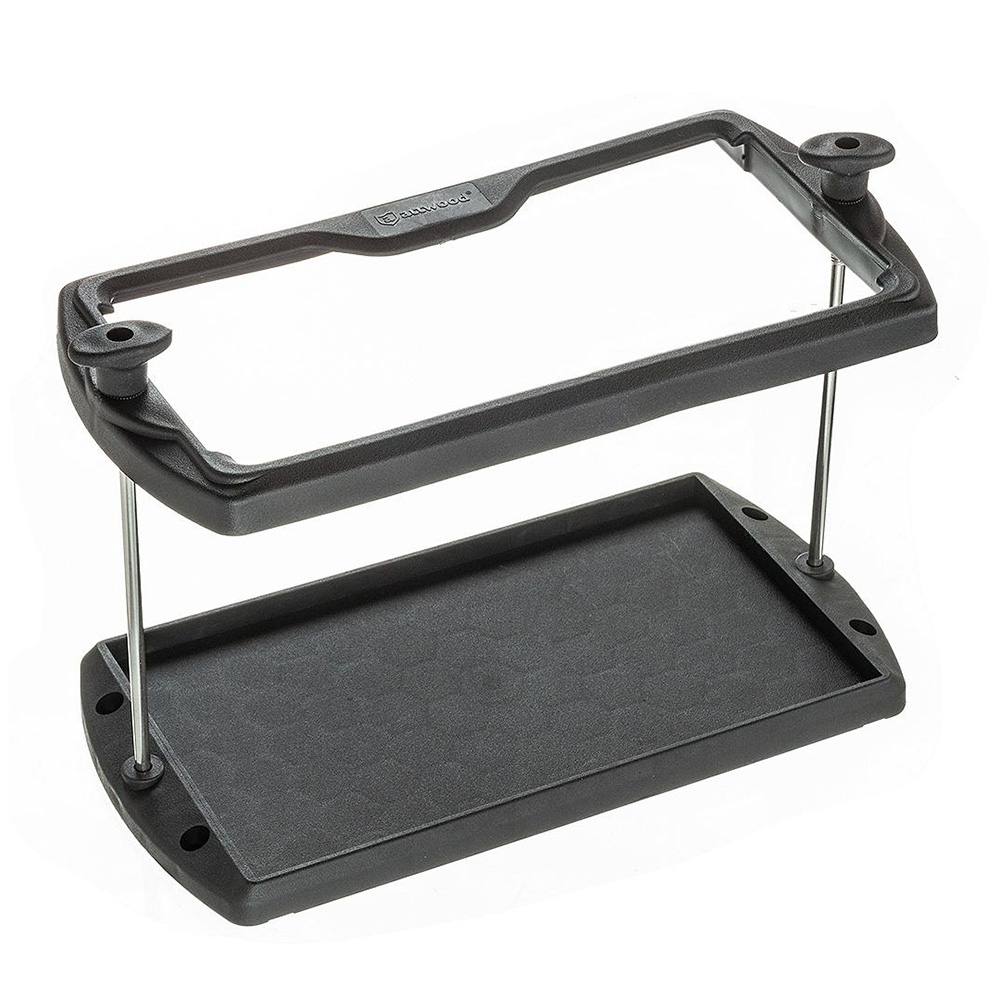 Black two-tier plastic stand for mounting.