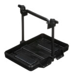 Black automotive battery holder tray with mounting bracket.