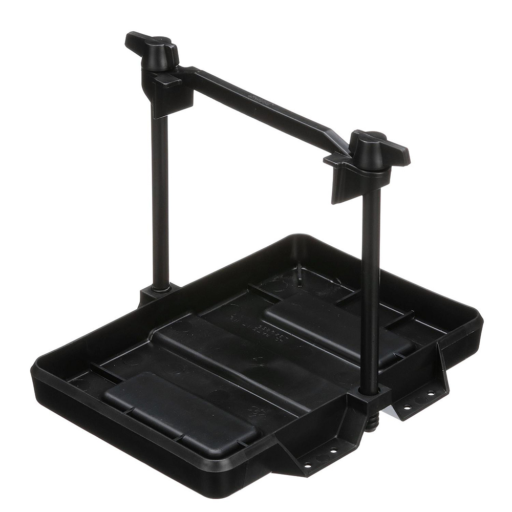 Black automotive battery holder tray with mounting bracket.