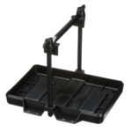 Black plastic funnel holder with spout platform.