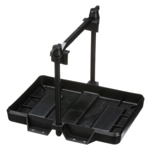Black plastic funnel holder with spout platform.