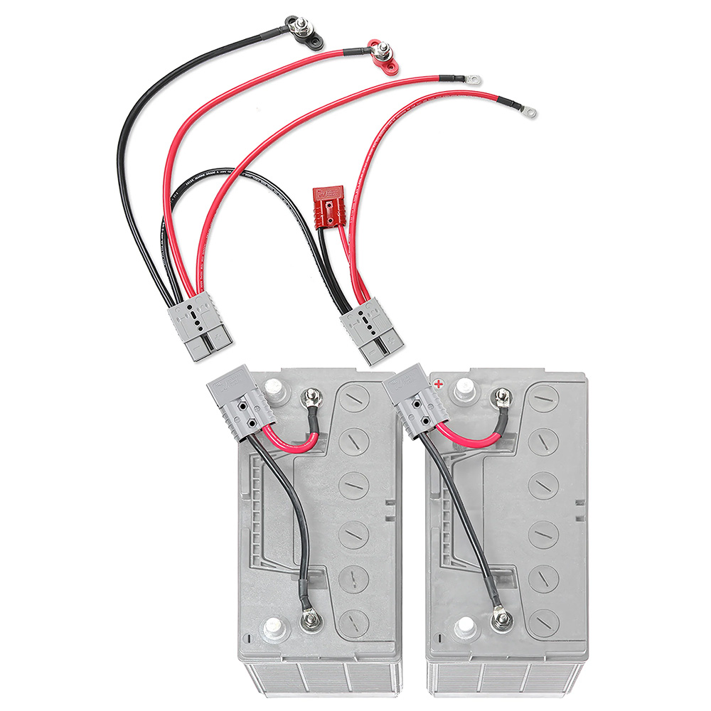 Two batteries with cables and connectors.