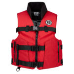 Red life jacket with adjustable straps.