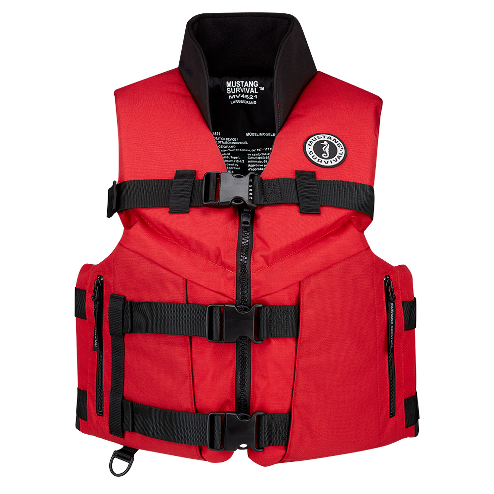 Red life jacket with adjustable straps.