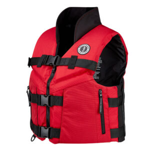 Red life jacket with black buckles and zippers.
