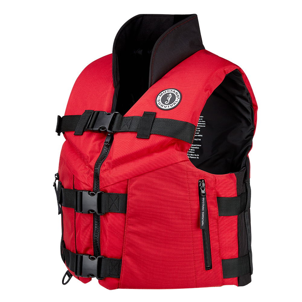 Red life jacket with black buckles and zippers.