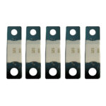 Five silver electrical bus bar connectors