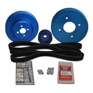 Blue pulley kit with belt and accessories.
