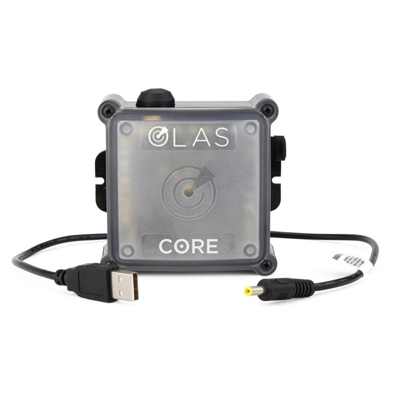 OLAS Core maritime safety device with USB cable.