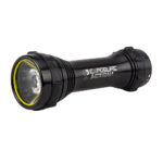 Black tactical flashlight with yellow accent.