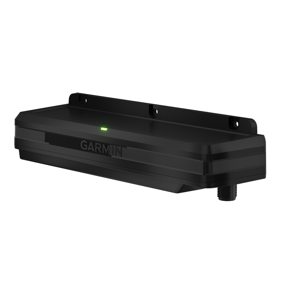 Garmin black marine sonar transducer with green light.