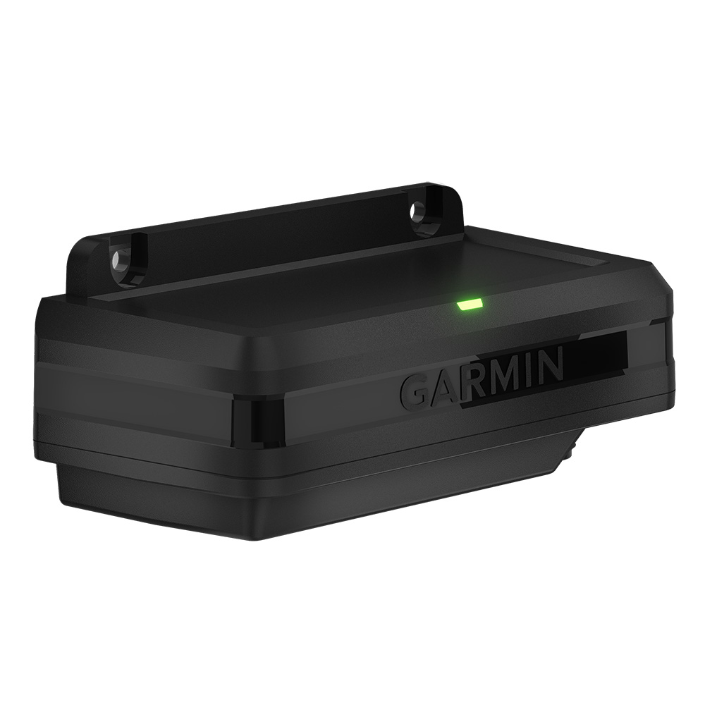Garmin black device with green indicator light.