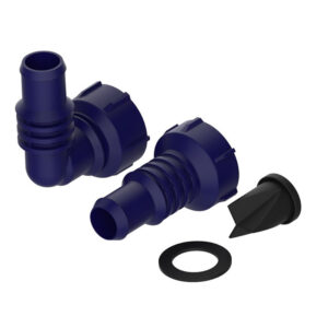 Blue pipe connectors and gaskets on white background.