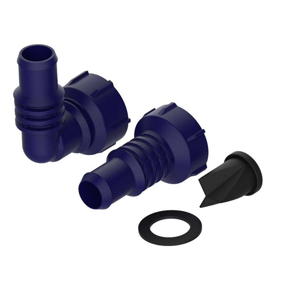 Blue pipe connectors and gaskets on white background.