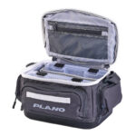 Open Plano fishing tackle bag with storage compartments.