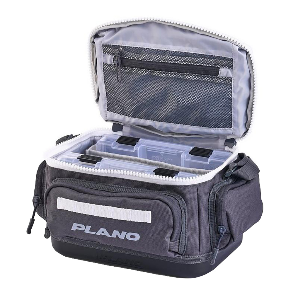 Open Plano fishing tackle bag with storage compartments.