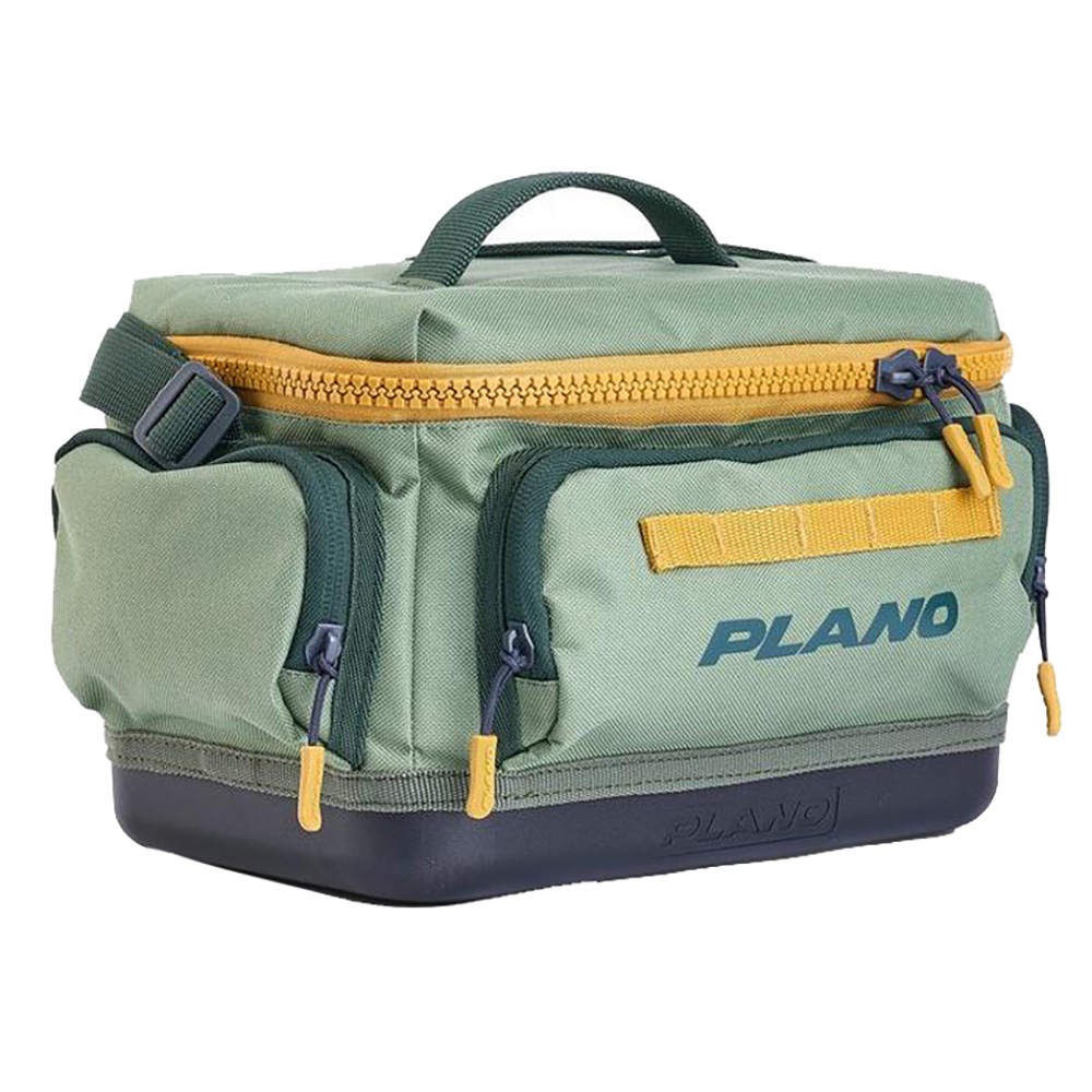 Green Plano fishing tackle bag with multiple pockets.
