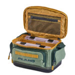 Green and brown tackle bag with compartments.