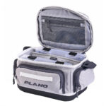 Gray insulated tackle bag with open zipper