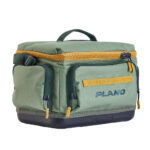 Green fishing tackle bag with yellow zippers.