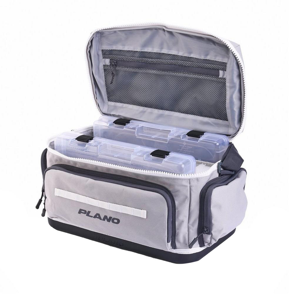 Gray tackle bag open with plastic storage boxes.