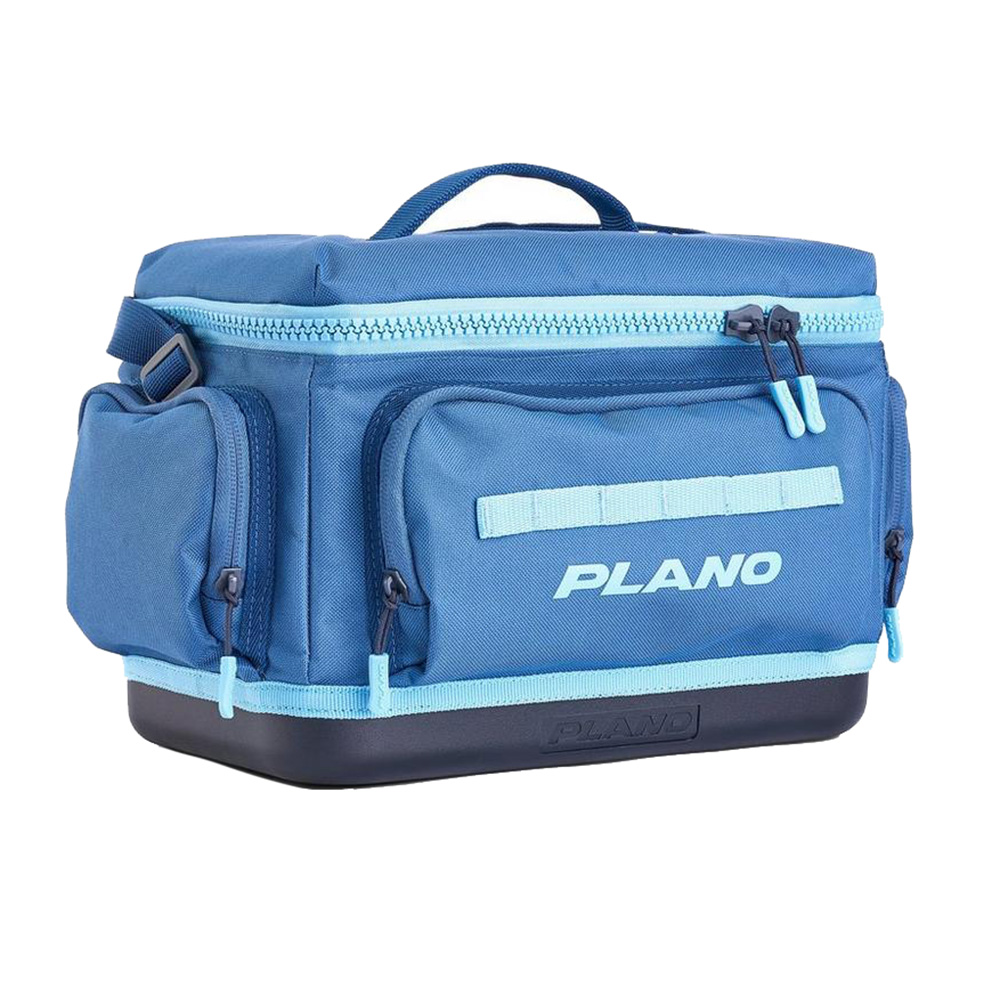 Blue Plano tackle box with pockets and handle.