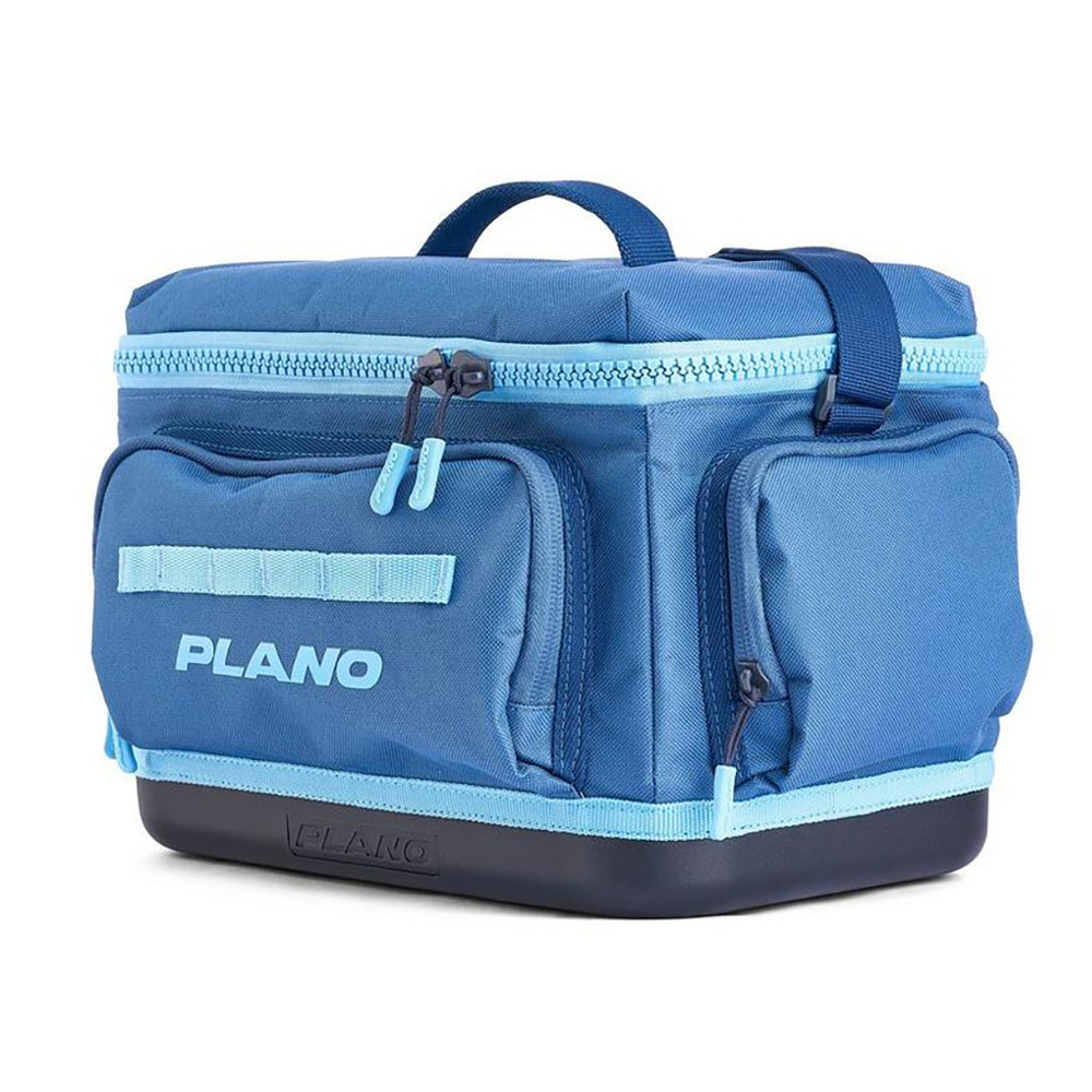 Blue Plano tackle bag with multiple compartments.